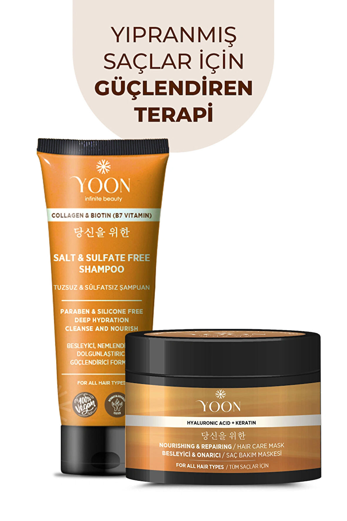 Vegan Tuzsuz Şampuan & Saç Bakım Maskesi 250ml, Hyaluronik Asit, Keratin, Kolajen ve Biotin 2'li Set