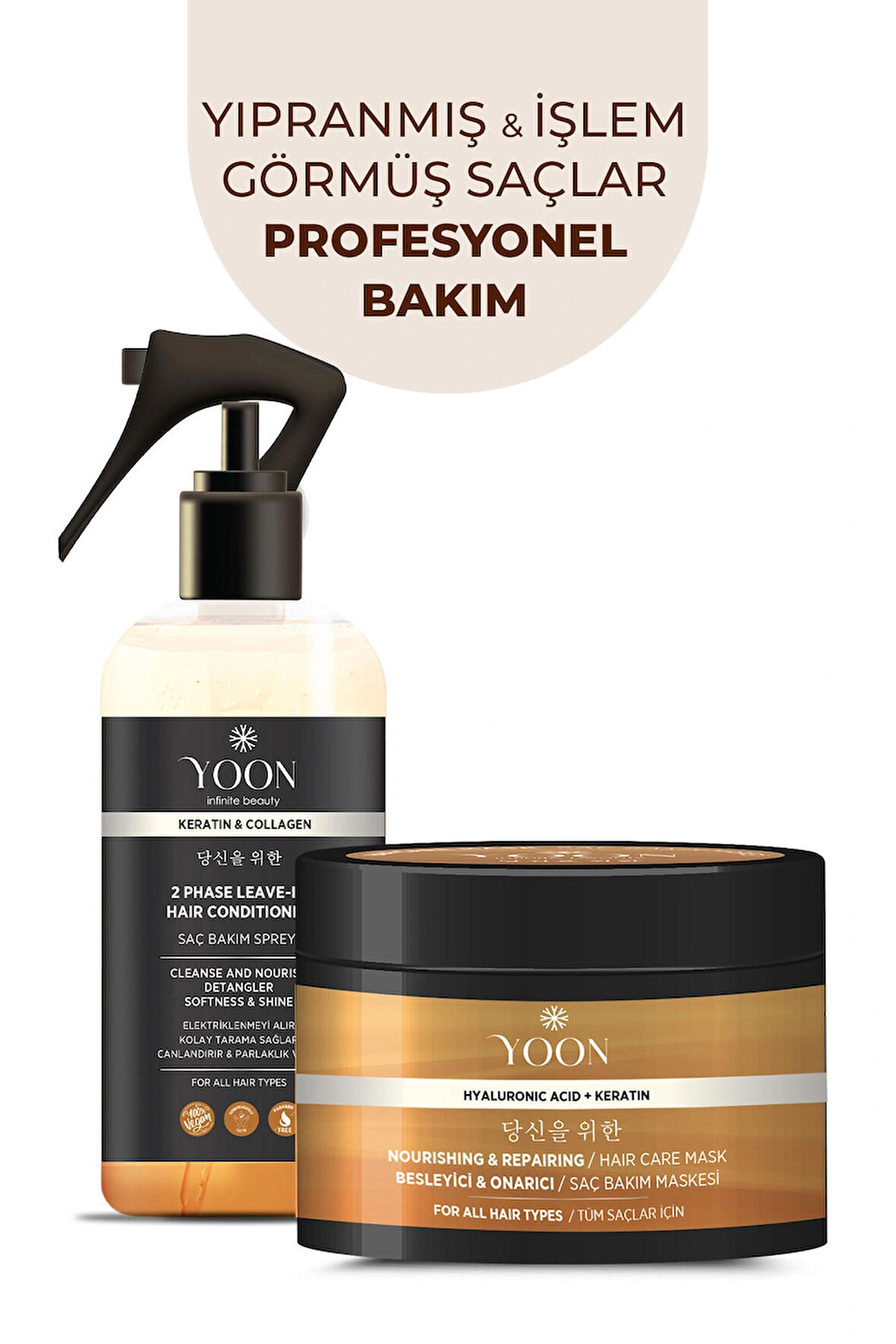 Vegan Saç Bakım Spreyi & Maskesi 250ml, Hyaluronik Asit, Keratin, Kolajen ve B7 Biotinli 2'li Set