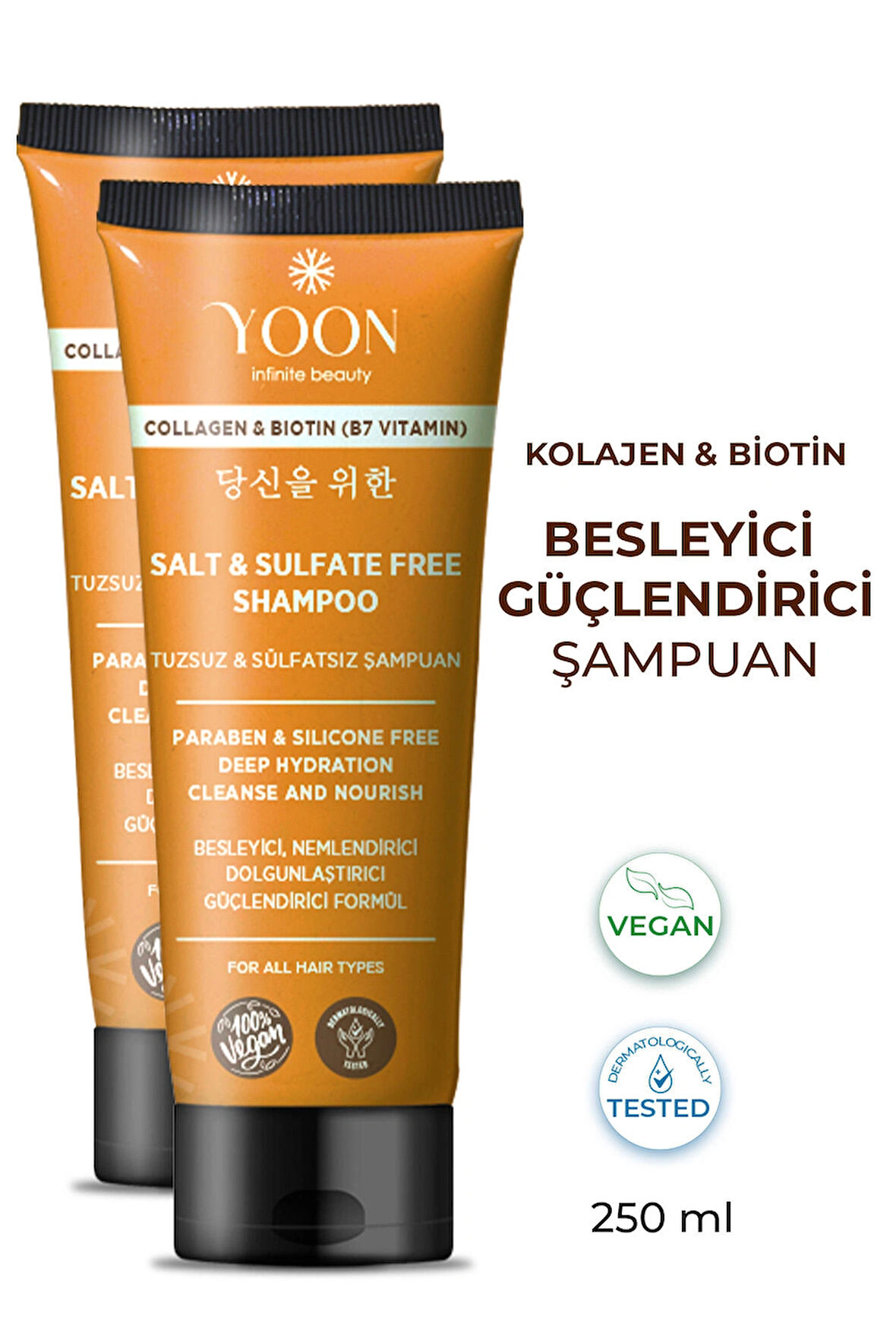 2'li Sülfatsız ve Tuzsuz Şampuan, Kolajen Biotin B7 İçerikli Parabensiz Vegan Şampuan 2 Adet x 250ml