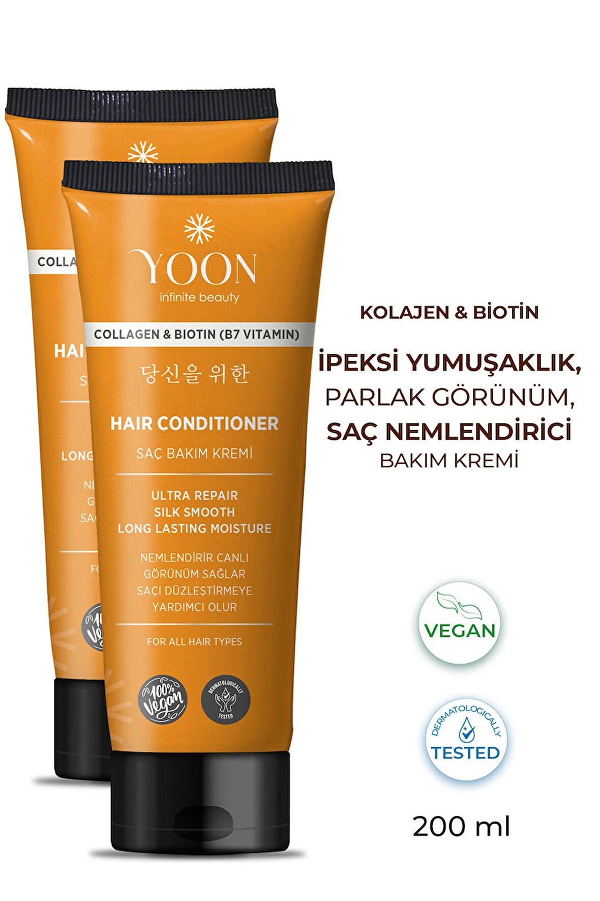 2'li Biotin B7 ve Kolajen İçeren Vegan Saç Kremi Besleyici ve Onarıcı Saç Bakım Kremi 2 Adet x 200ml