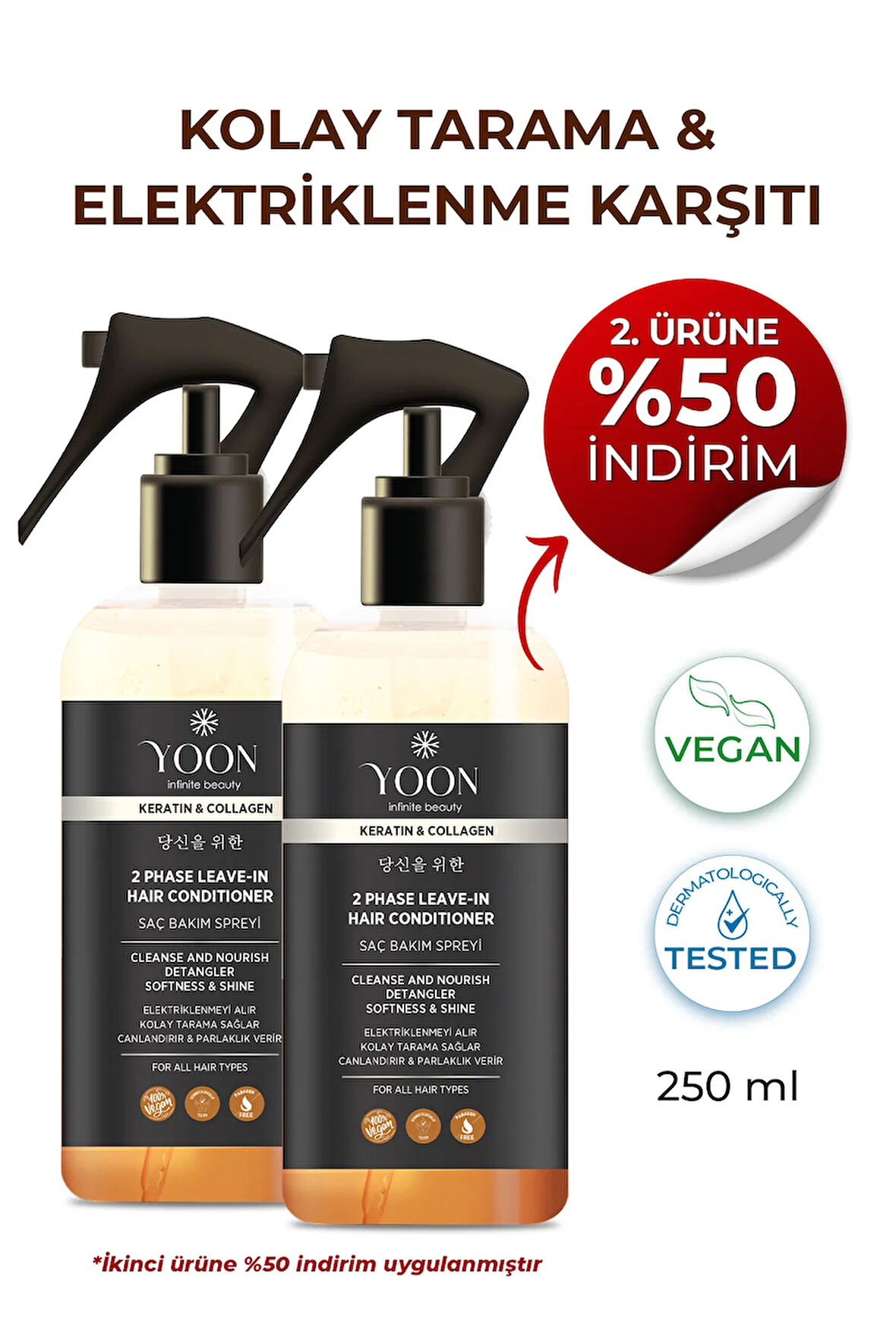 2'li Kolay Tarama Elektriklenme Karşıtı Kolajen ve Kerantinli Vegan Saç Bakım Spreyi 2 Adet x 250ml