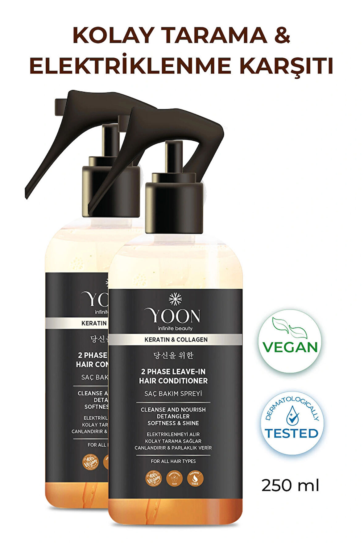 2'li Kolay Tarama Elektriklenme Karşıtı Kolajen ve Kerantinli Vegan Saç Bakım Spreyi 2 Adet x 250ml