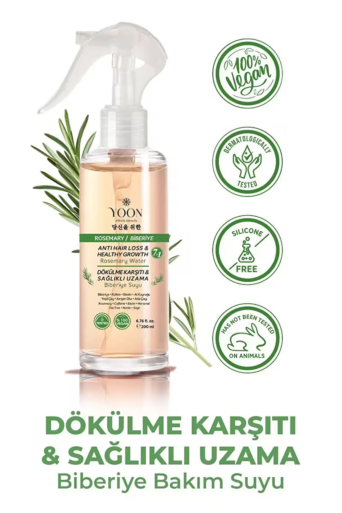 Saç Dökülme Karşıtı,Sağlıklı Hızlı Saç Uzamasına Yardımcı 7 Aktifli Biberiyeli Saç Bakım Suyu 200 ml