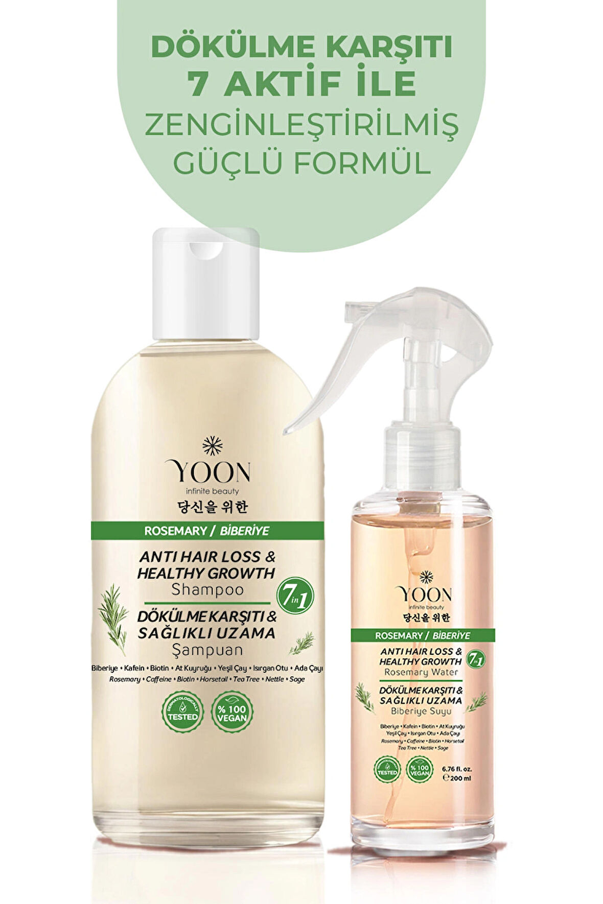 2'li Set Saç Dökülme Karşıtı, Hızlı Uzama, 7 Aktifli Biberiyeli Saç Bakım Suyu 200ml & Şampuan 400ml