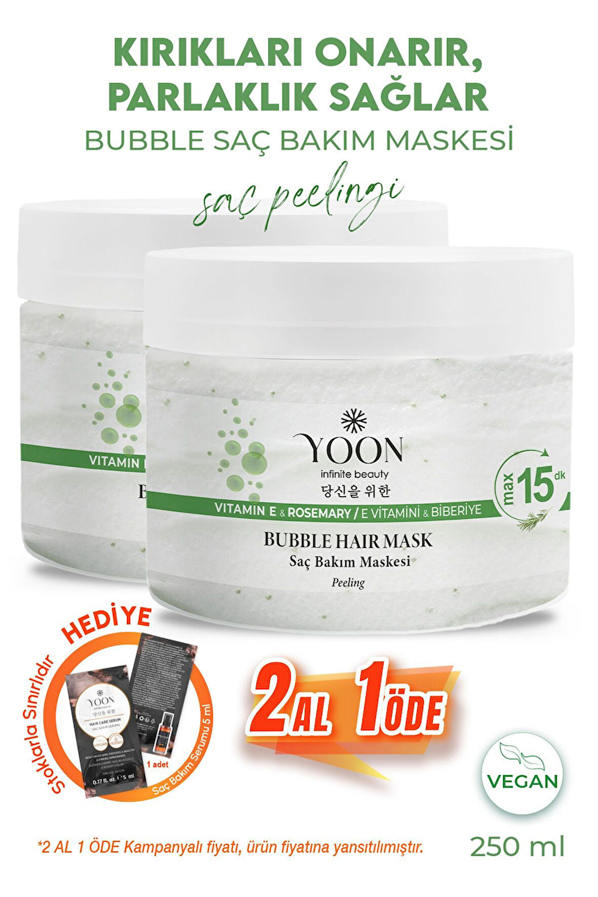 2'li Biberiye Saç Maskesi, E Vitamin & Peeling Etkili, Saç Tellerini Güçlendirir ve Kırıkları Onarır