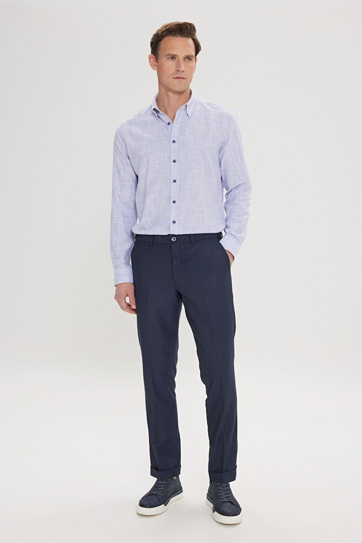 Slim Fit Dar Kesim Kuş Gözü Desenli Esnek Beli Lastikli Bağlamalı Pantolon