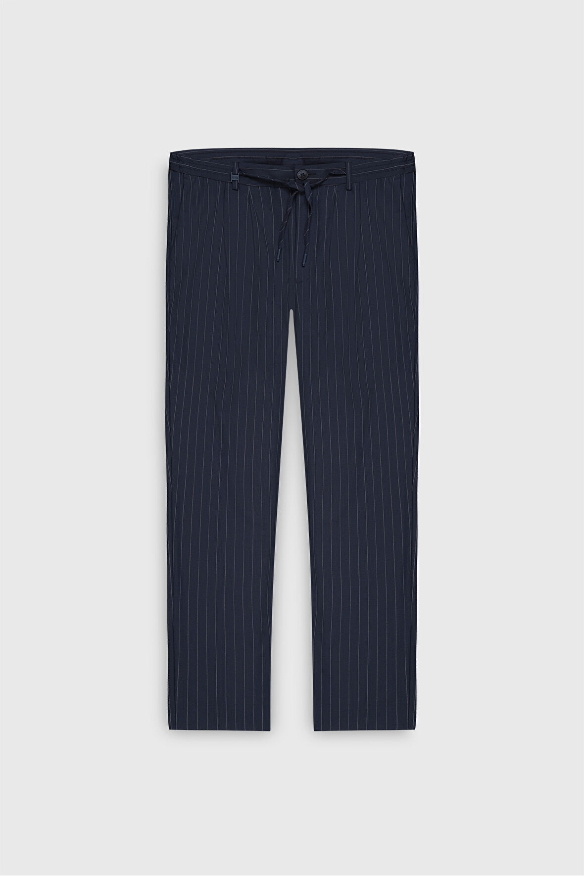 Slim Fit Dar Kesim Yünlü Çizgili Beli Bağlamalı Yan Cep Pileli Pantolon
