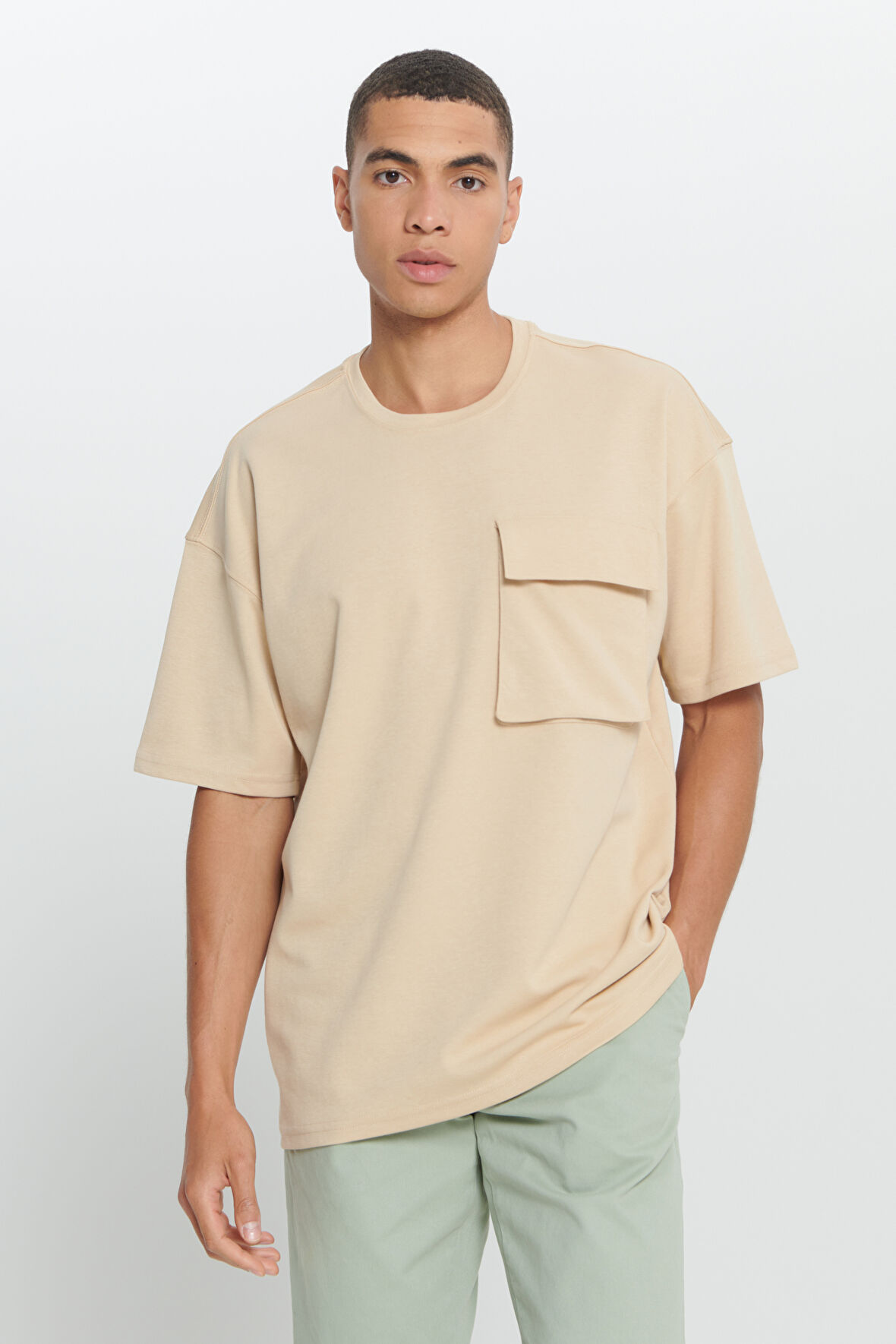 Oversize Fit Bol Kesim Pamuklu Baskılı Bisiklet Yaka Tişört