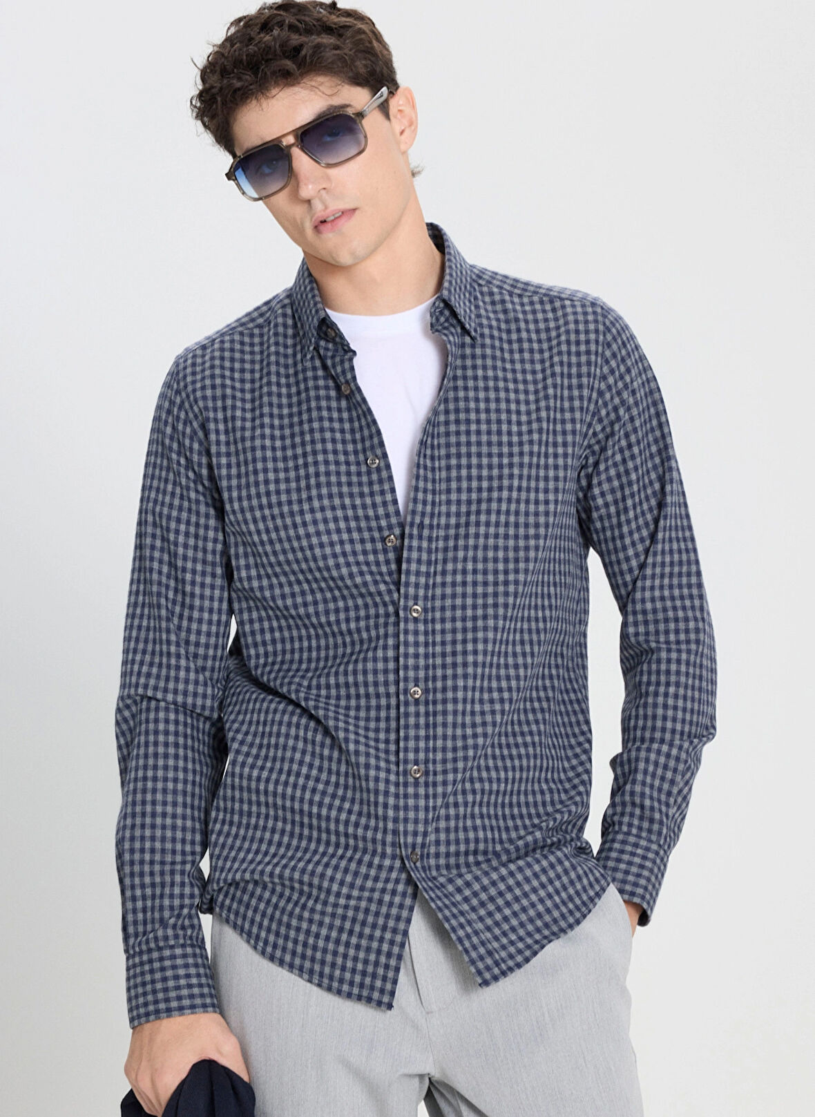Altınyıldız Classics Comfort Fit Düğmeli Yaka Lacivert - Gri Erkek Gömlek ACE202510055_GÖMLEK CEN DY