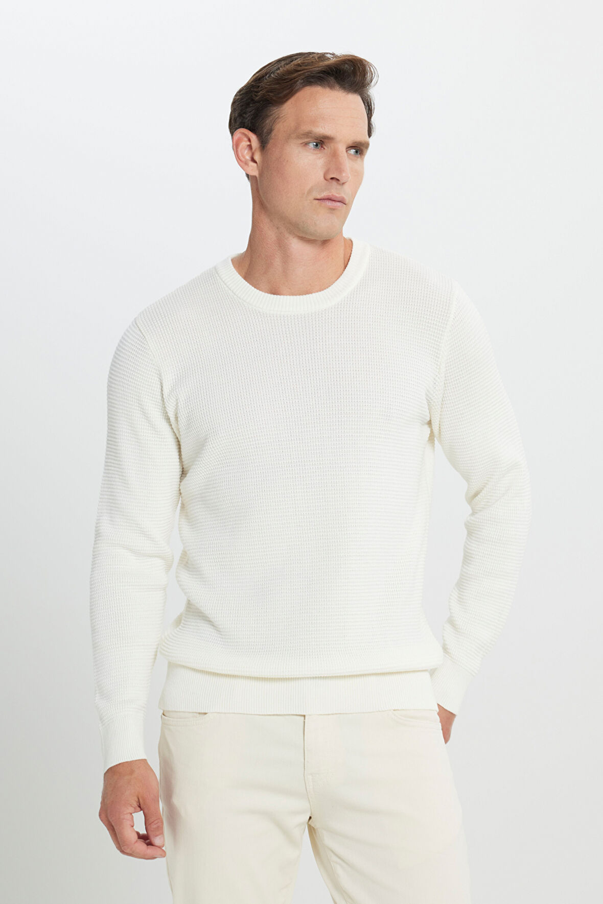 Pamuklu Standart Fit Normal Kesim Bisiklet Yaka Petek Dokulu Triko Kazak