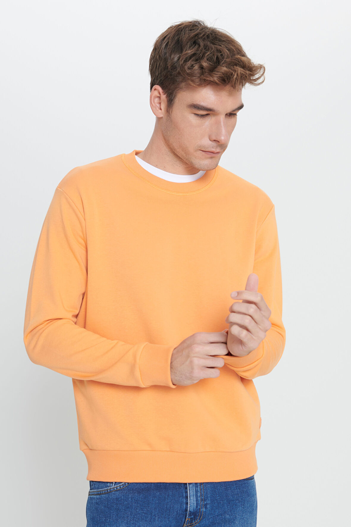 Erkek Açık Turuncu Standart Fit Normal Kesim Bisiklet Yaka Pamuklu Sweatshirt