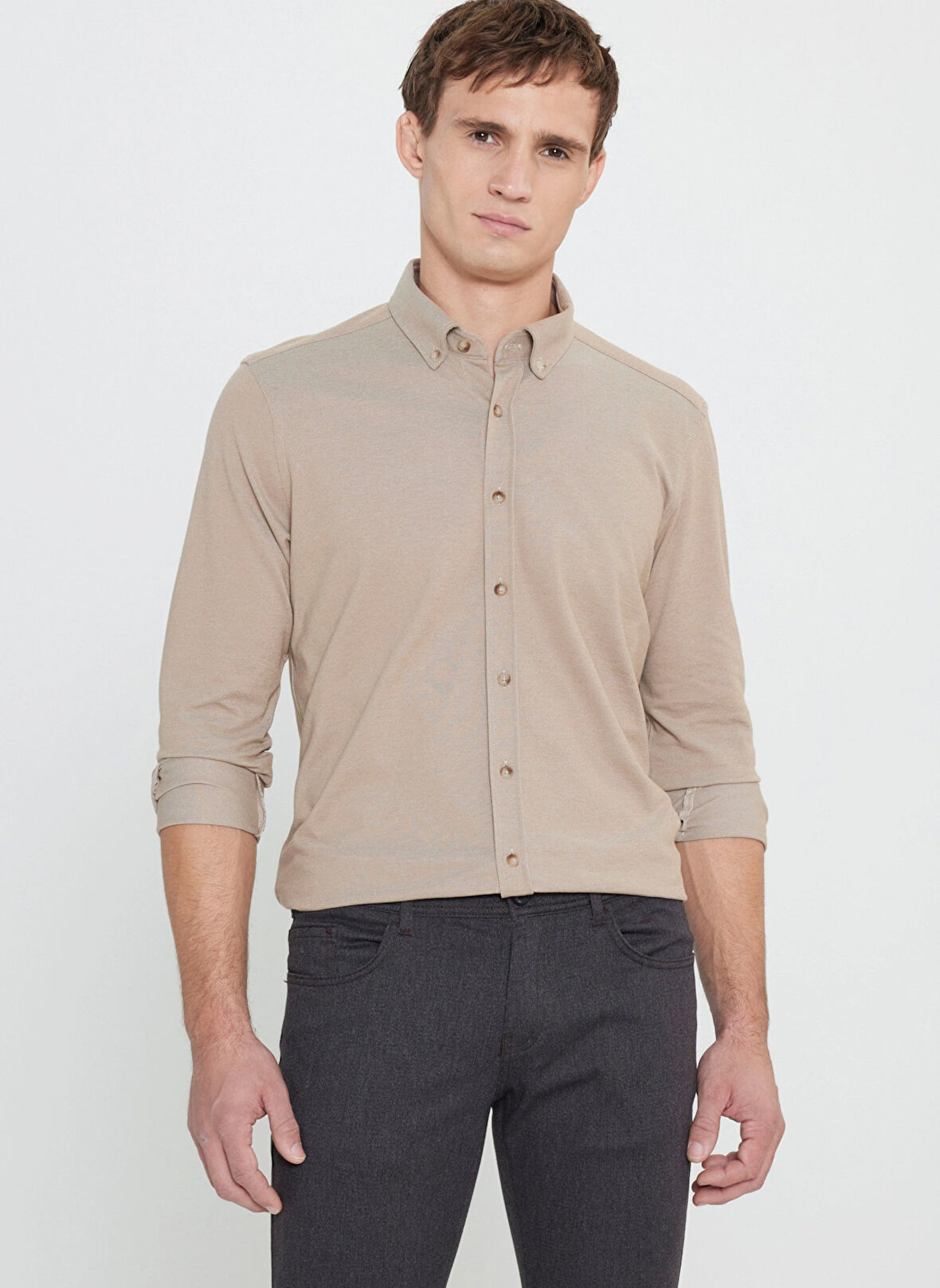 Altınyıldız Classics Slim Fit Düğmeli Yaka Vizon Erkek Gömlek ACE202510304_GÖMLEK PAR DY