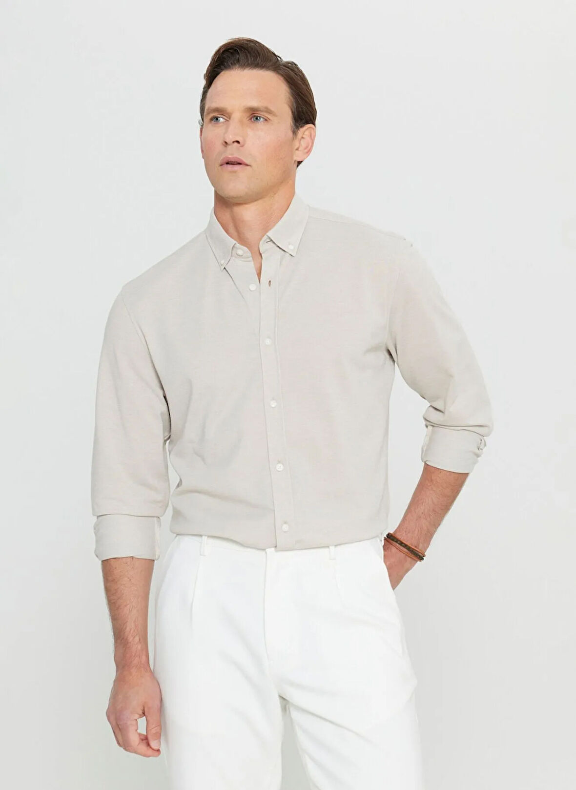 Altınyıldız Classics Slim Fit Düğmeli Yaka Bej Erkek Gömlek ACE020252157_BEJ