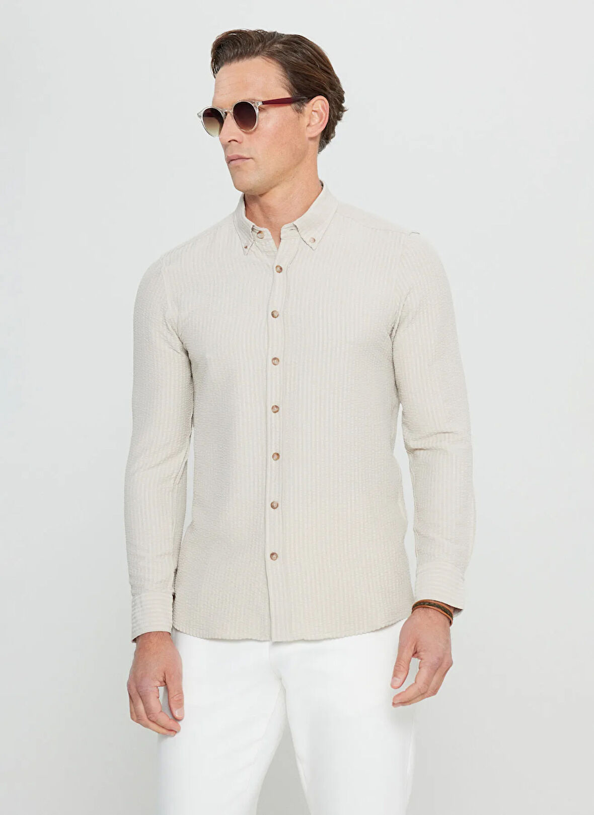 Altınyıldız Classics Slim Fit Düğmeli Yaka Bej Erkek Gömlek ACE020252171_BEJ