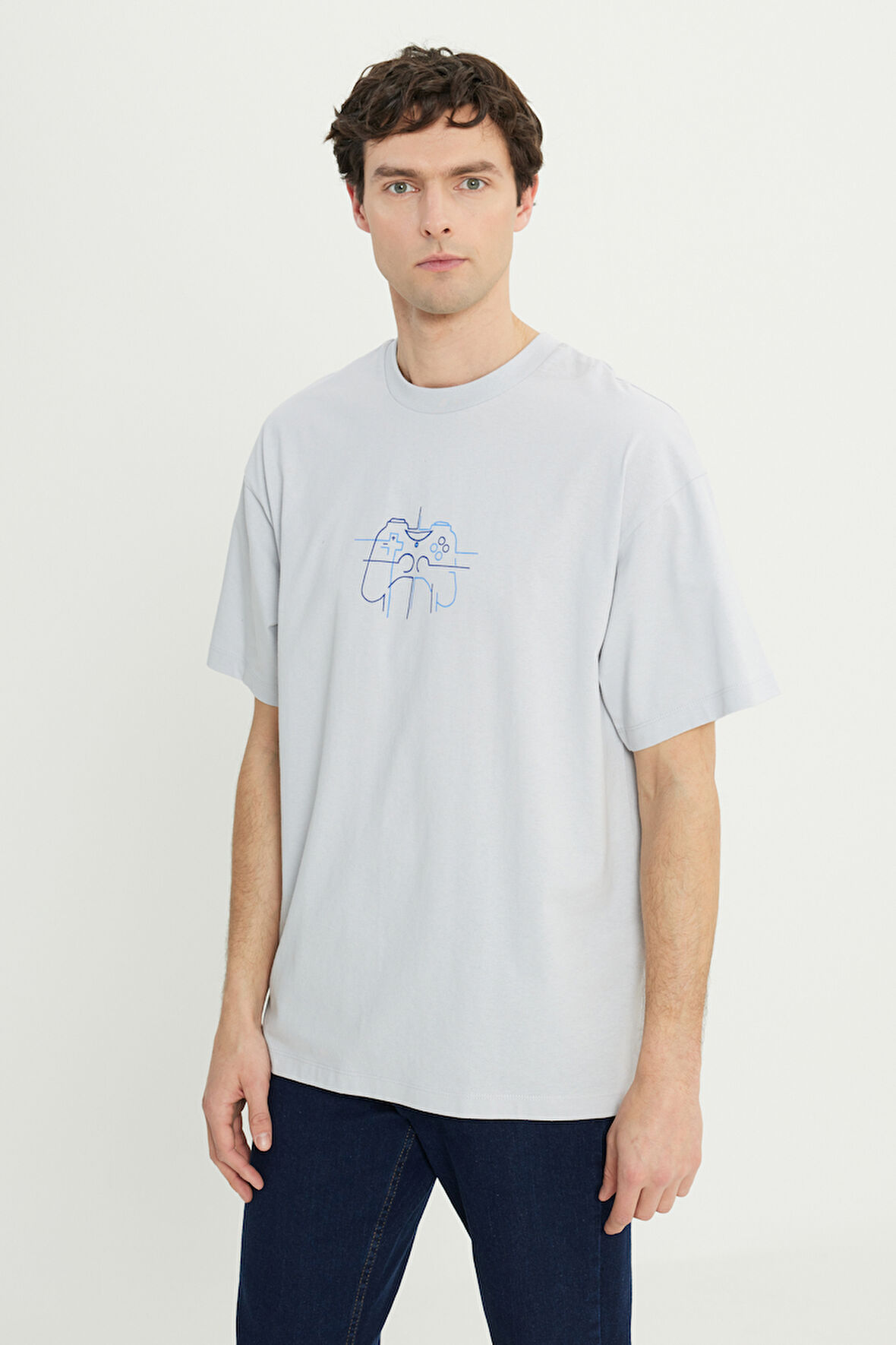 %100 Pamuk Oversize Fit Rahat Kesim Bisiklet Yaka Baskılı Tişört