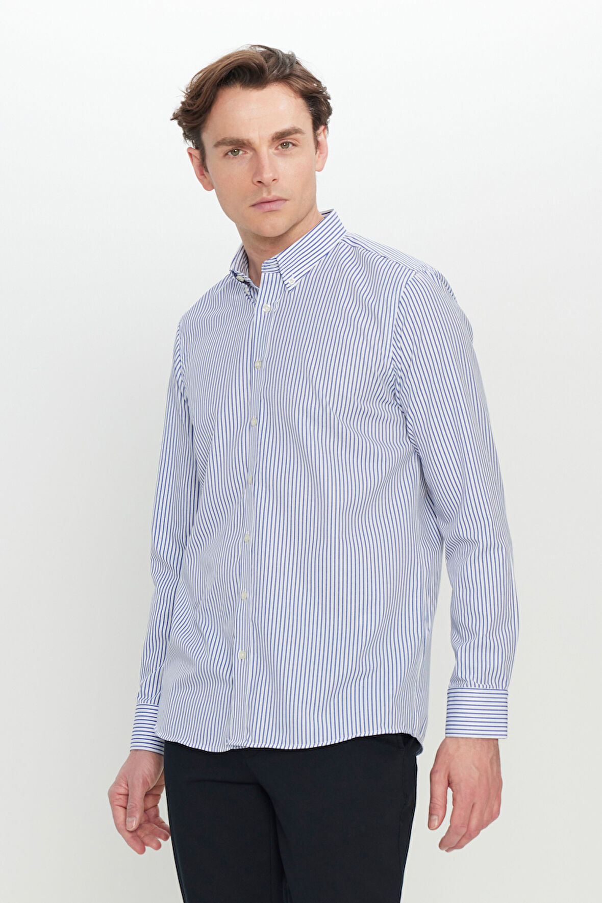 Pamuklu Slim Fit Dar Kesim Düğmeli Gömlek Yaka Çizgili Gömlek