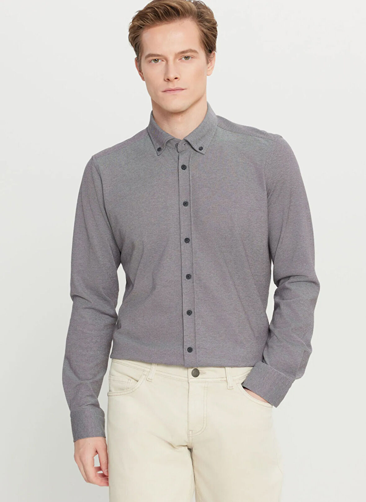 Altınyıldız Classics Slim Fit Düğmeli Yaka Gri Erkek Gömlek ACE020261468_GRI