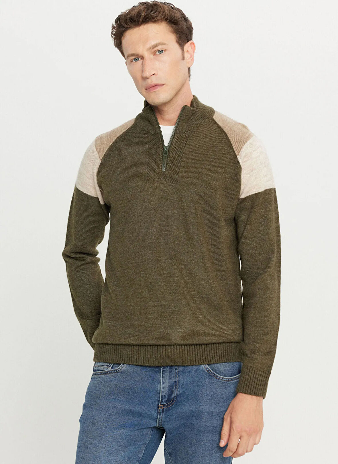 Altınyıldız Classics Bato Yaka Standart Bej - Haki Erkek Kazak ACE049261481_HAB