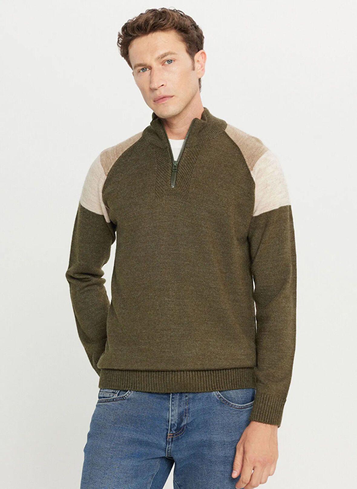 Altınyıldız Classics Bato Yaka Standart Bej - Haki Erkek Kazak ACE049261481_HAB