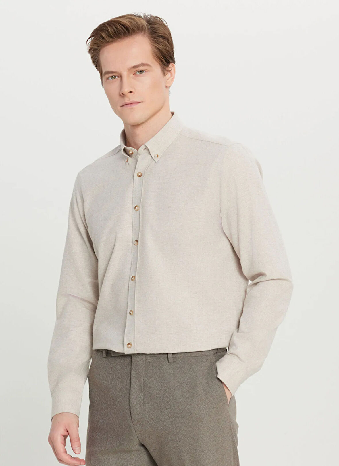 Altınyıldız Classics Slim Fit Düğmeli Yaka Bej Erkek Gömlek ACE020261519_BEJ
