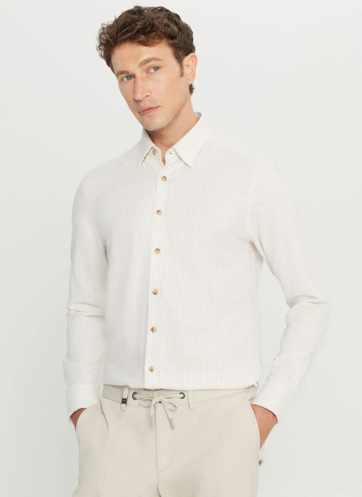 Altınyıldız Classics Slim Fit Düğmeli Yaka Ekru Melanj Erkek Gömlek ACE020261272_EBJ