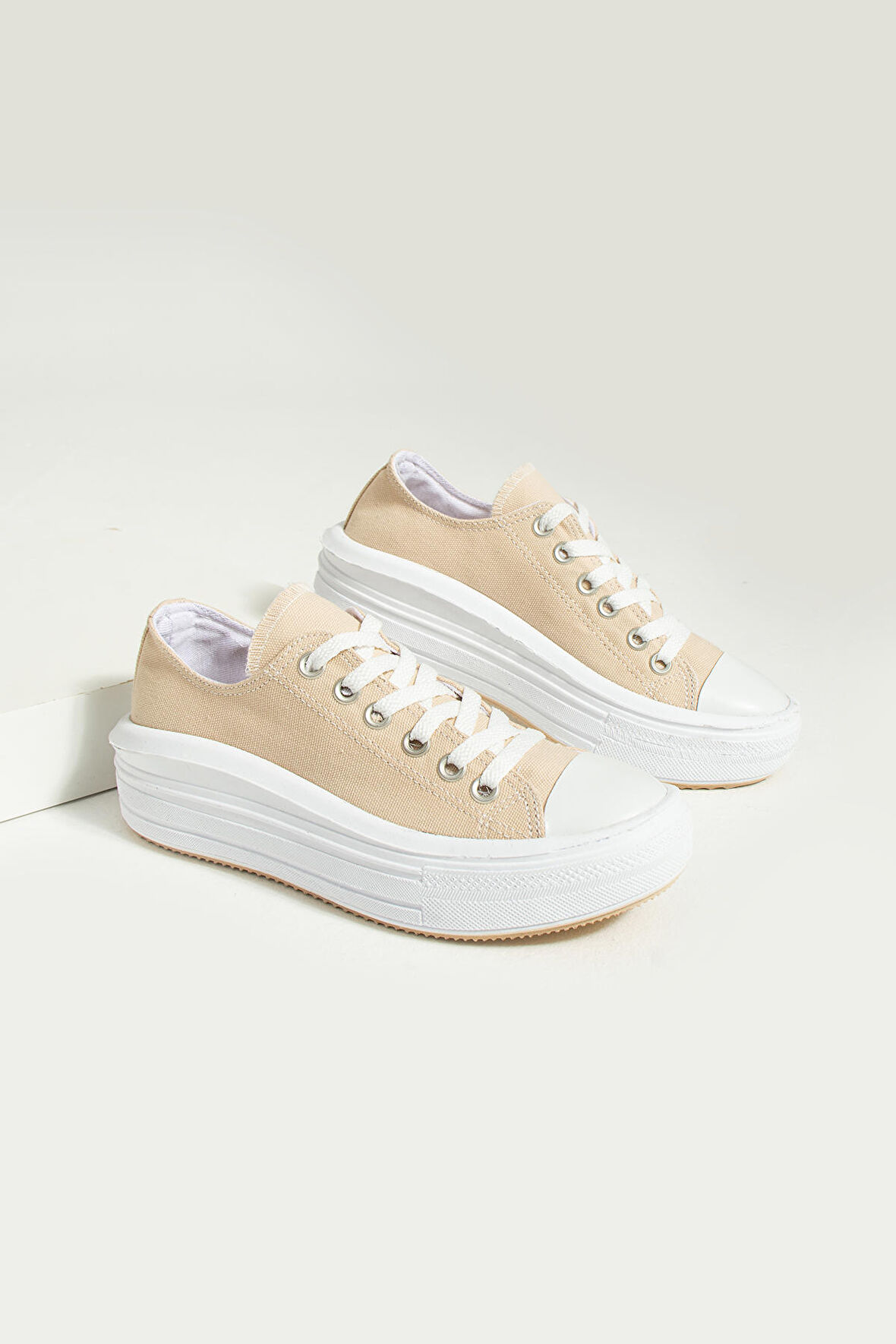 Pembe Potin Bağcıklı Kalın Taban Keten Kadın Sneaker 57-101-23