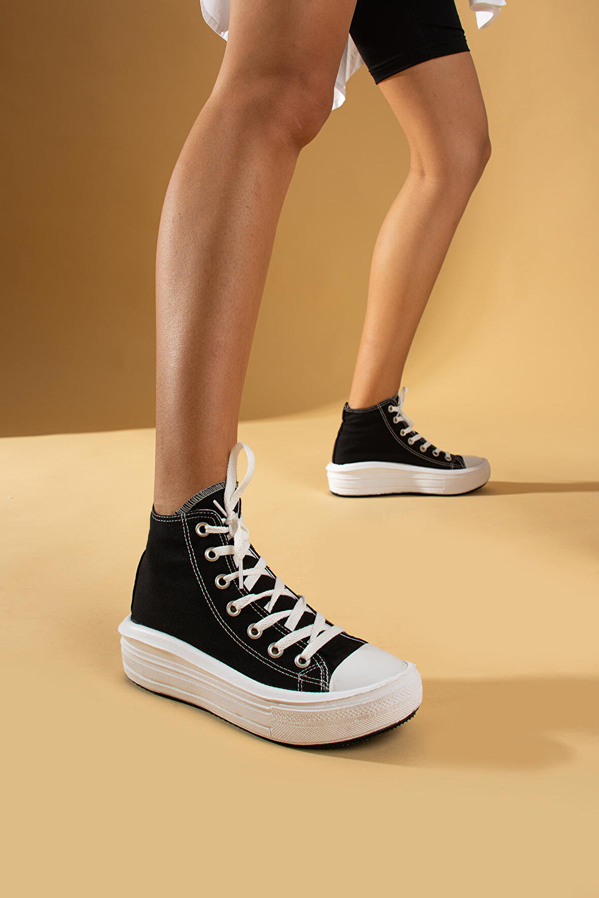 Pembe Potin Bağcıklı Kalın Taban Bilekte Keten Kadın Sneaker 57-103-23Fhn