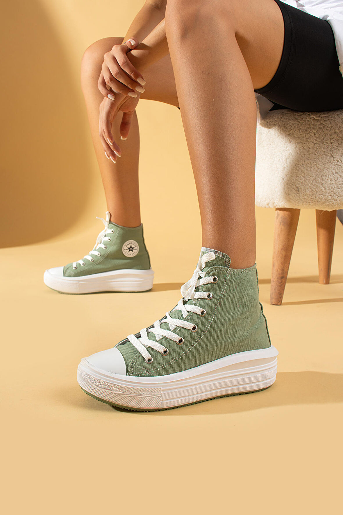 Pembe Potin Bağcıklı Kalın Taban Bilekte Keten Kadın Sneaker 57-103-23Fhn
