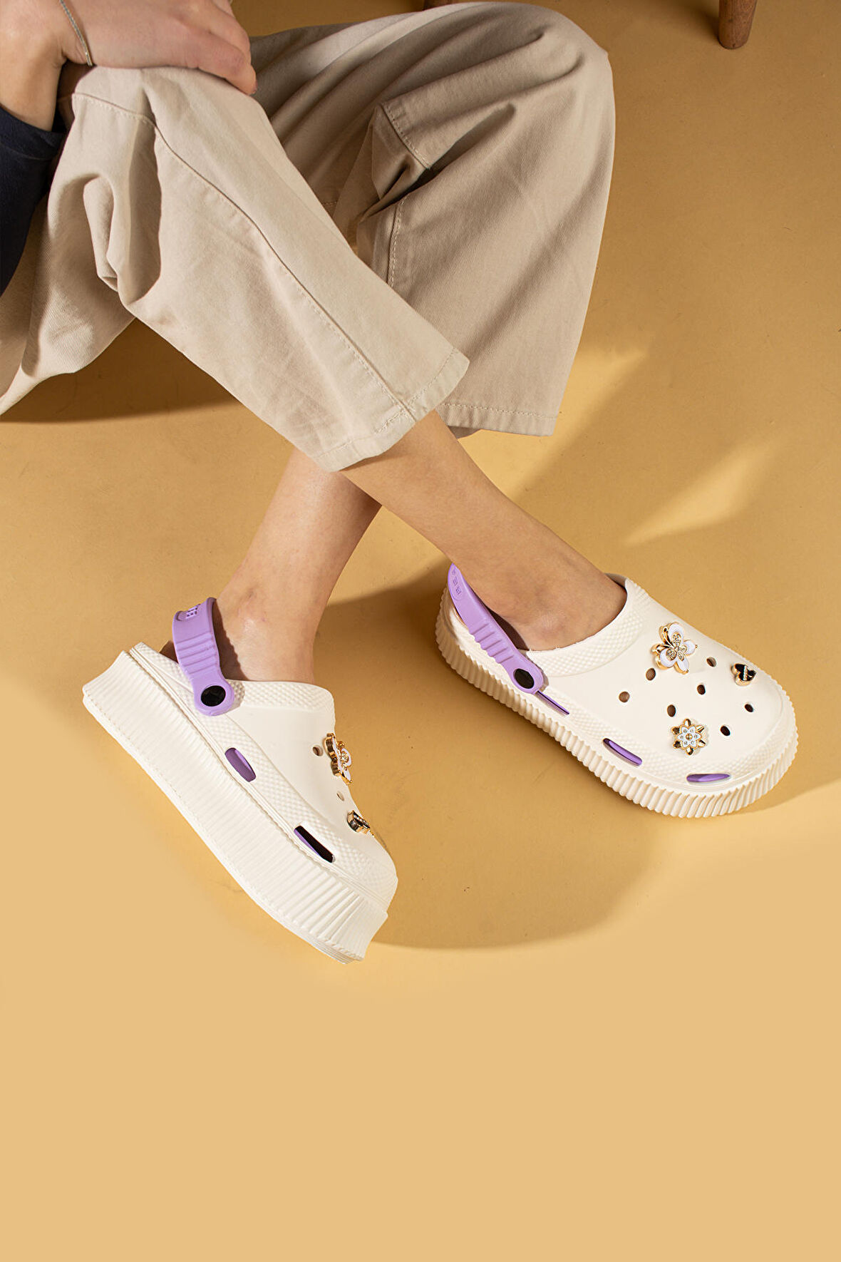 Pembe Potin Yüksek Taban Altın Tokalı Eva Comfort Kadın Sandalet DNZ225-24BejLila