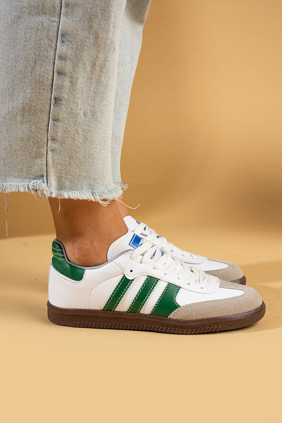 Pembe Potin Bağcıklı Comfort Taban 3 Şeritli Kadın Sneaker 001-1009-24BeyazYeşil