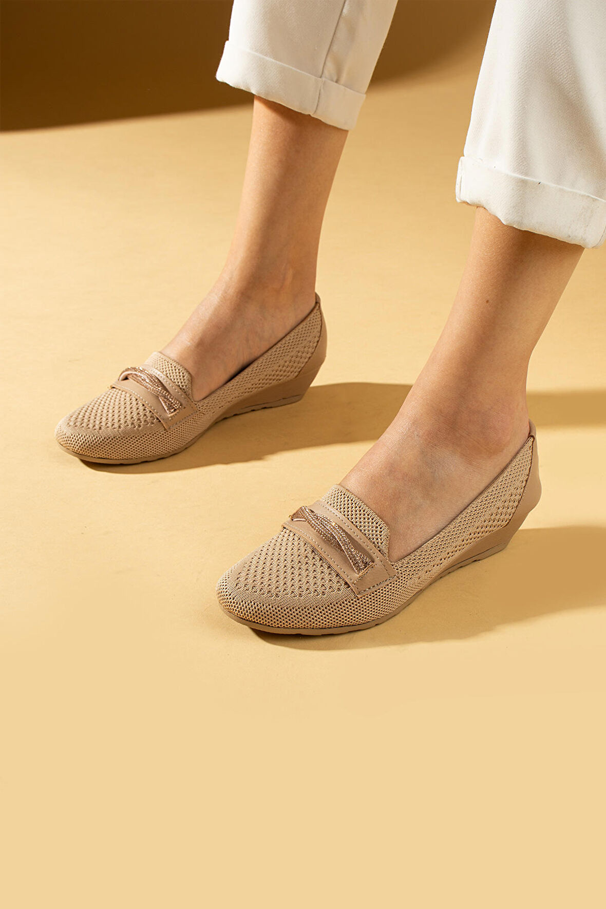 Pembe Potin Taş Detaylı Triko Comfort Taban Kadın Babet 025-26-24Keten