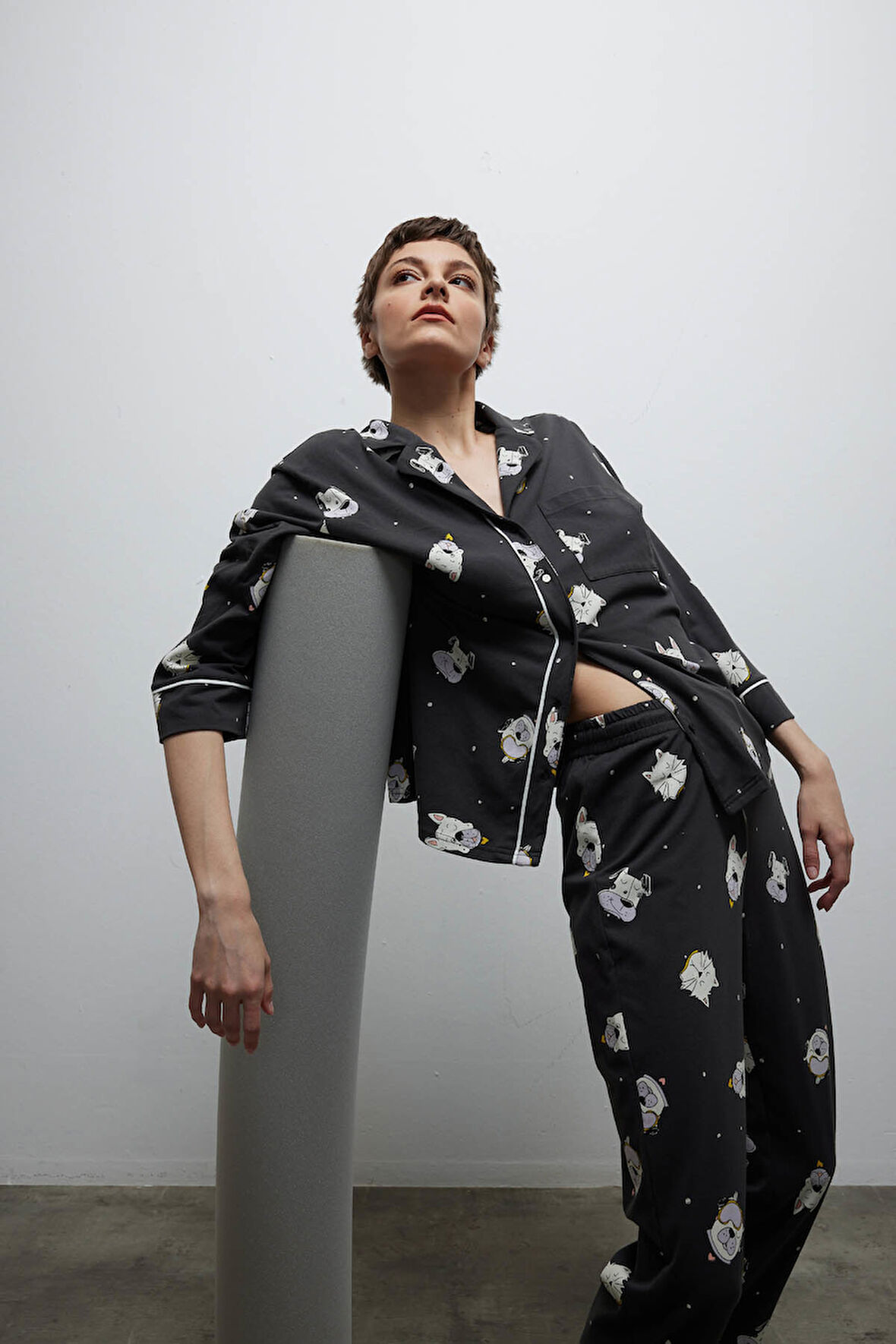 Kadın Pamuklu Cep Detaylı Gömlek Yaka Pijama Üstü