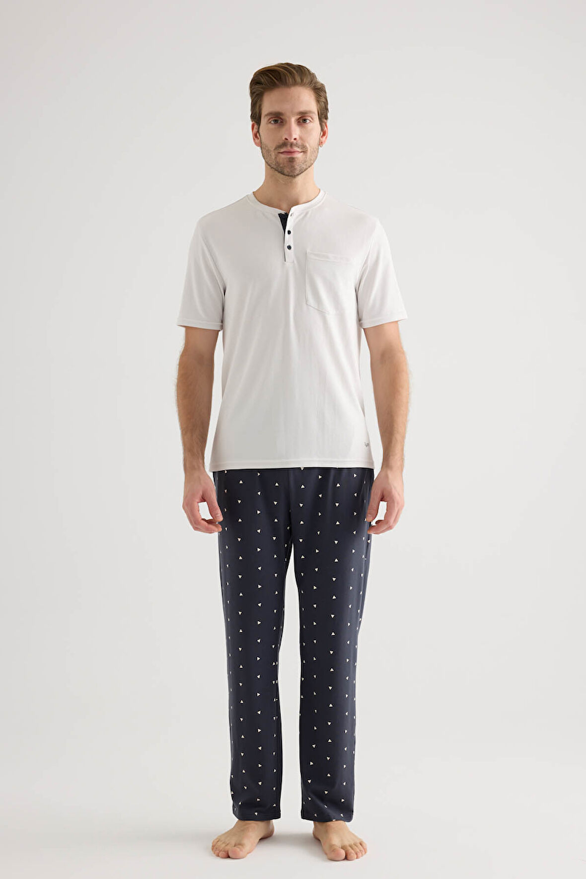 Erkek Pamuklu Kısa Kollu Uzun Pijama Takımı