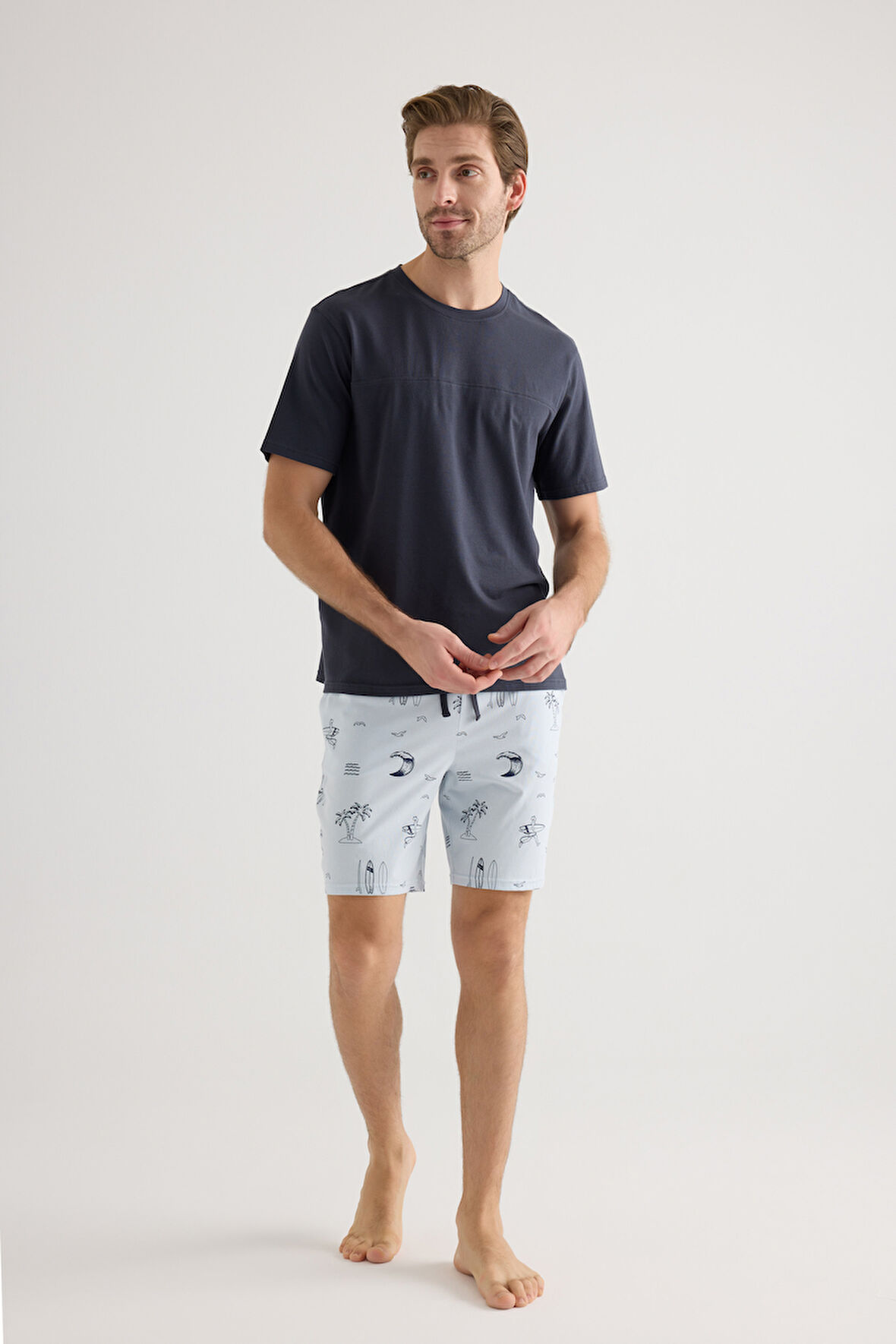 Erkek Pamuklu Kısa Kollu Şortlu Pijama Takımı