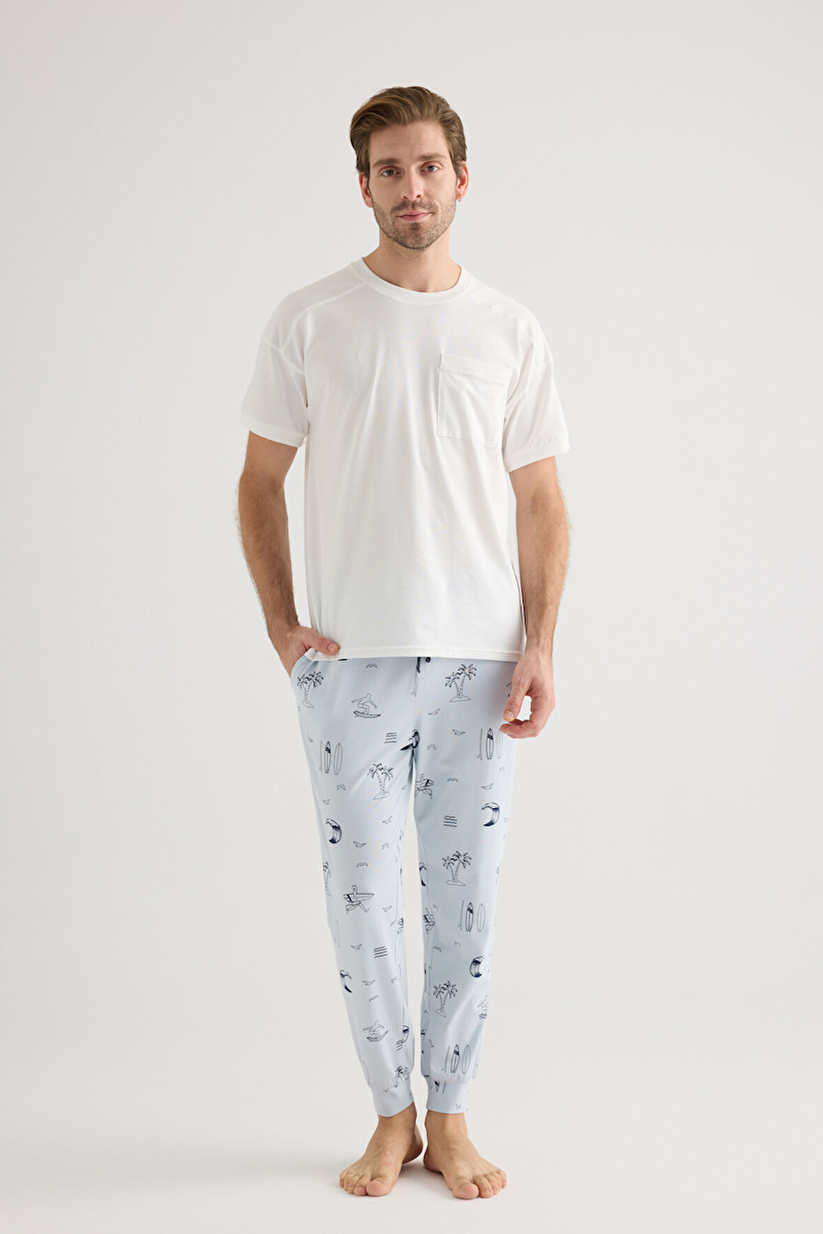 Erkek Pamuklu Kısa Kollu Uzun Pijama Takımı