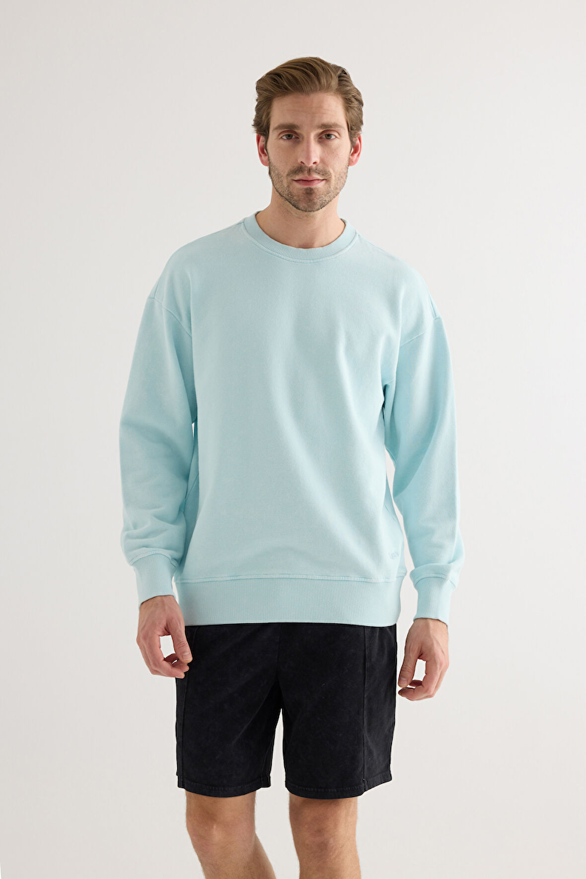 Erkek Pamuklu Yıkamalı Üç İplik Uzun Kollu Sweatshirt