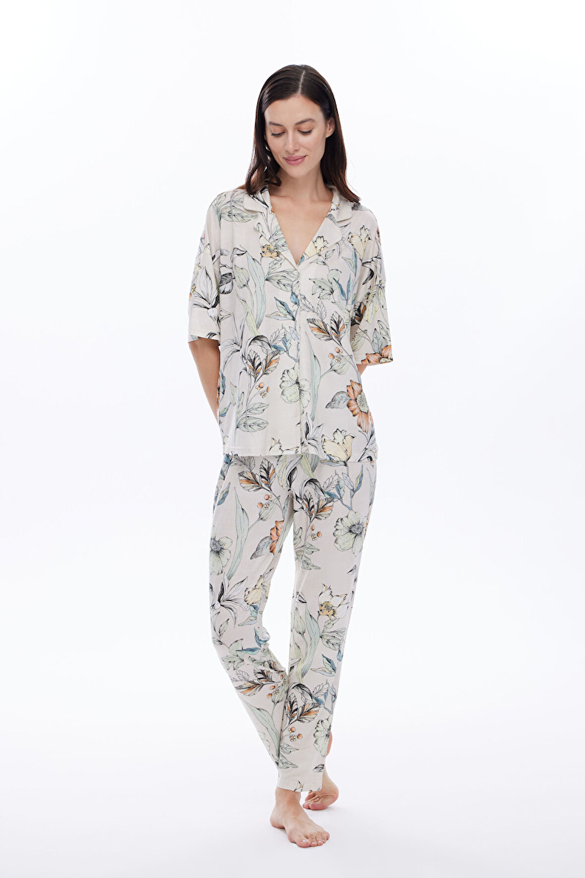 Kadın Viskon Kısa Kollu Gömlek Uzun Pijama Takımı