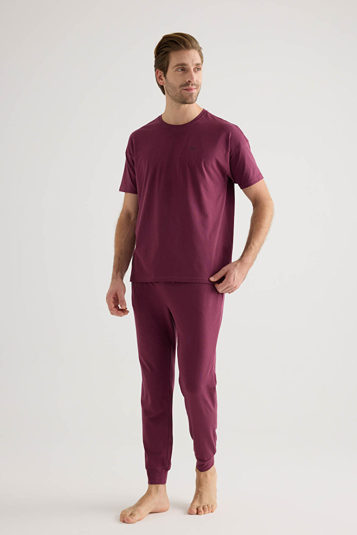 Erkek Pamuklu Kısa Kollu Uzun Pijama Takımı