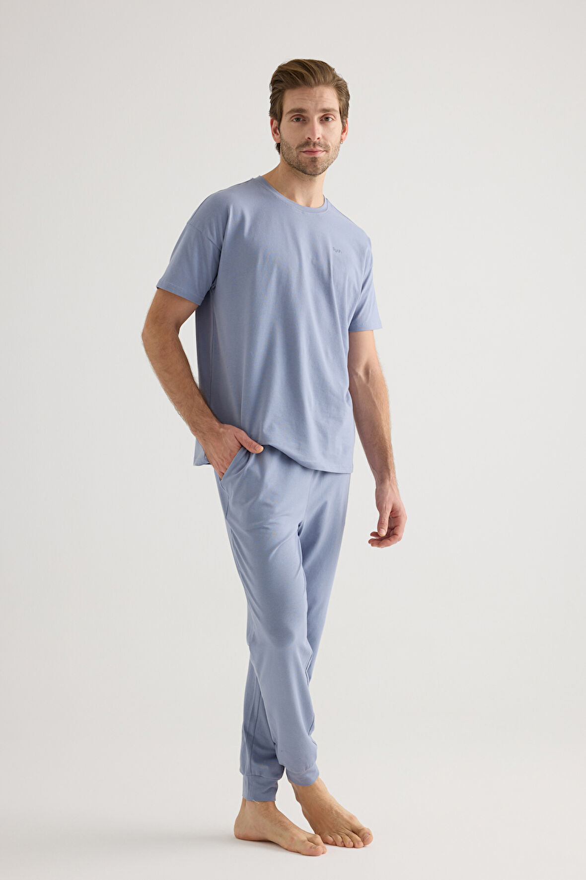 Erkek Pamuklu Kısa Kollu Uzun Pijama Takımı