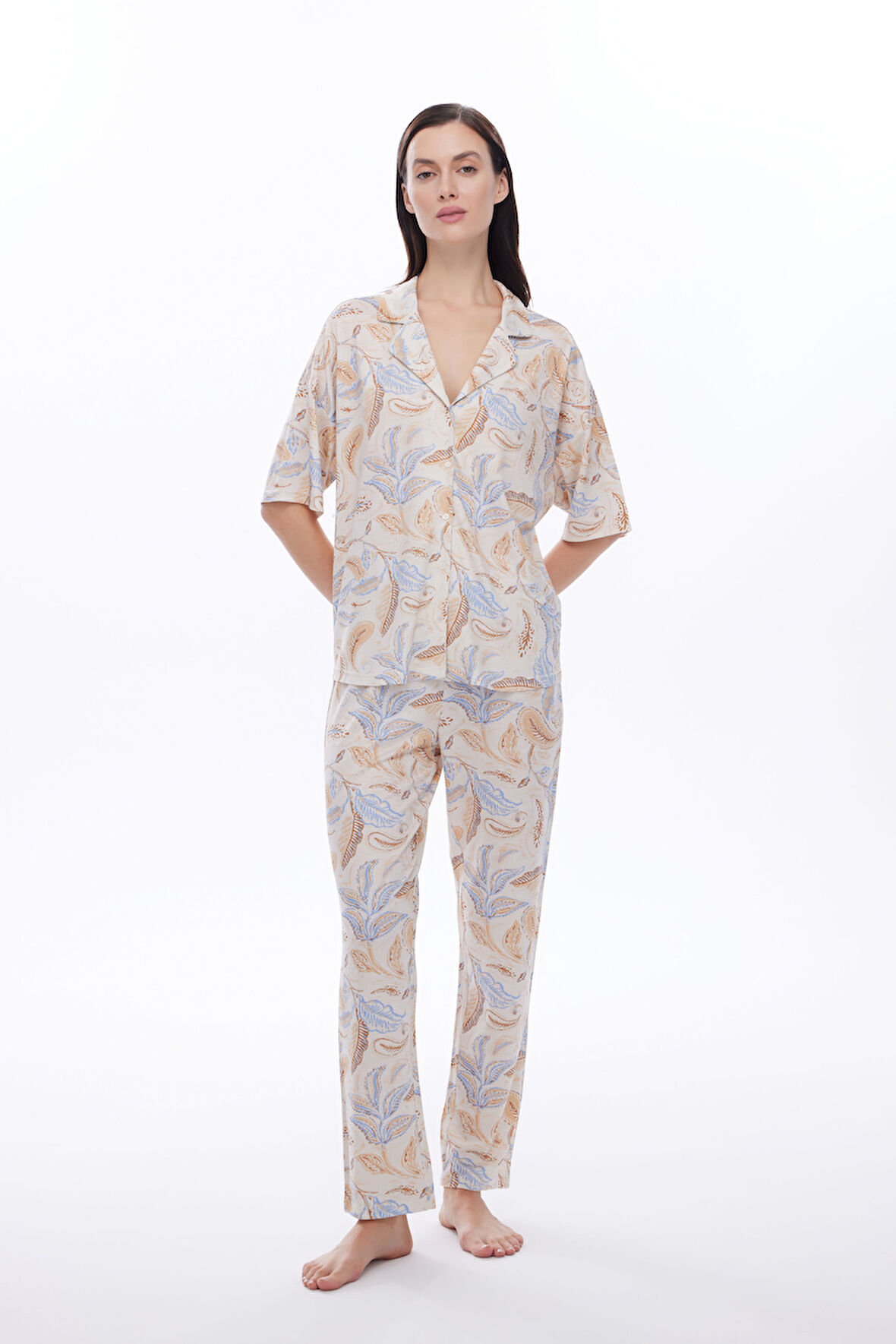 Kadın Viscose Kısa Kollu Gömlek Uzun Pijama Takımı