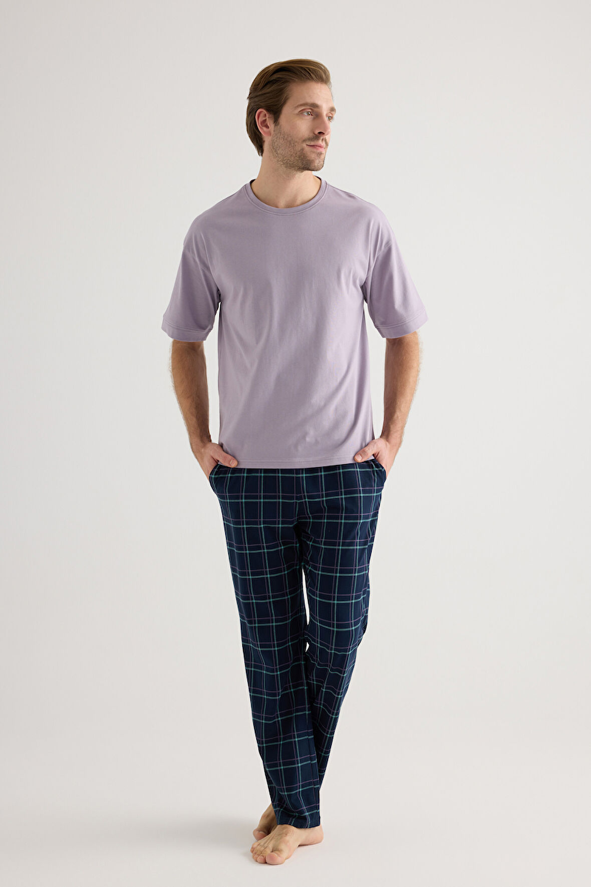Erkek Pamuklu Kısa Kollu Uzun Pijama Takımı