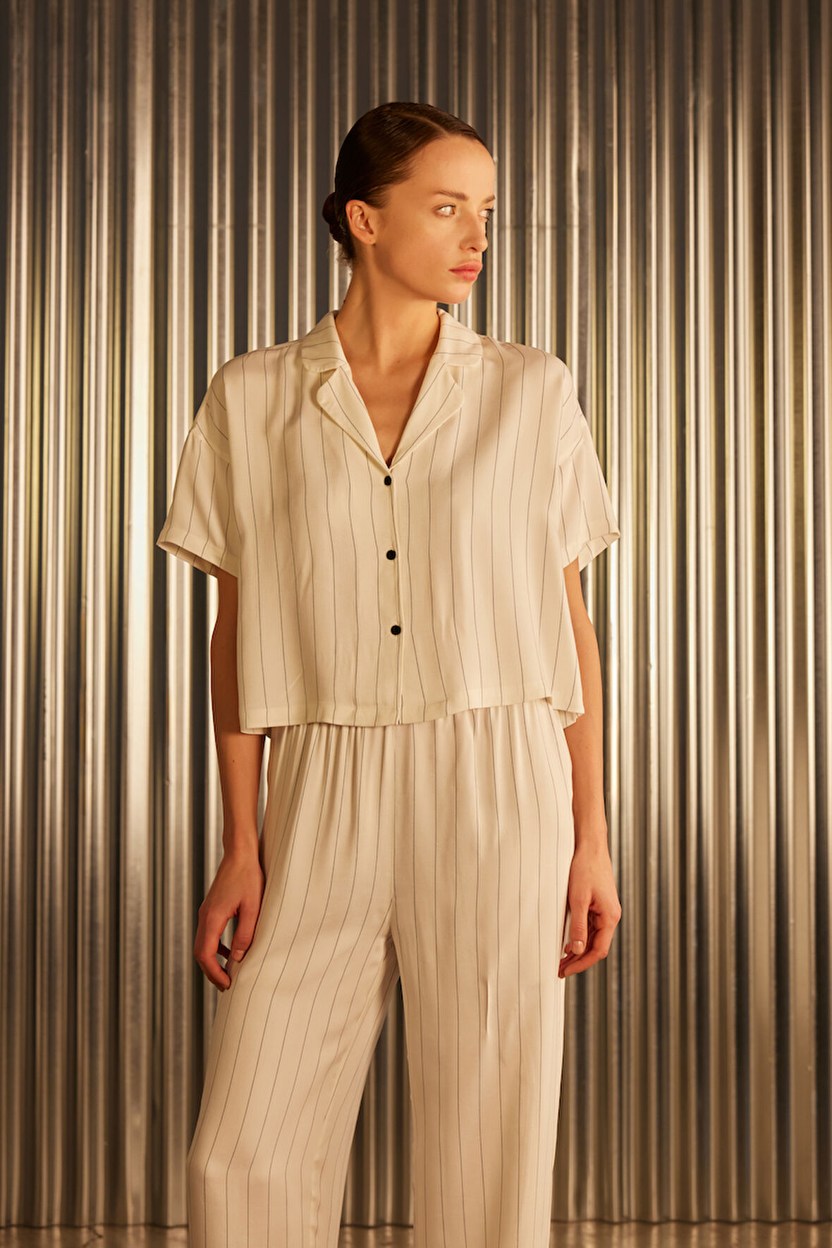 Kadın Çizgili Dokuma Kısa Kollu Gömlek