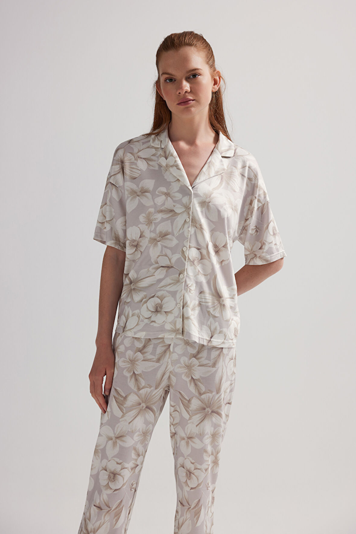 Kadın Viskon Kısa Kollu Gömlek Pijama Üstü