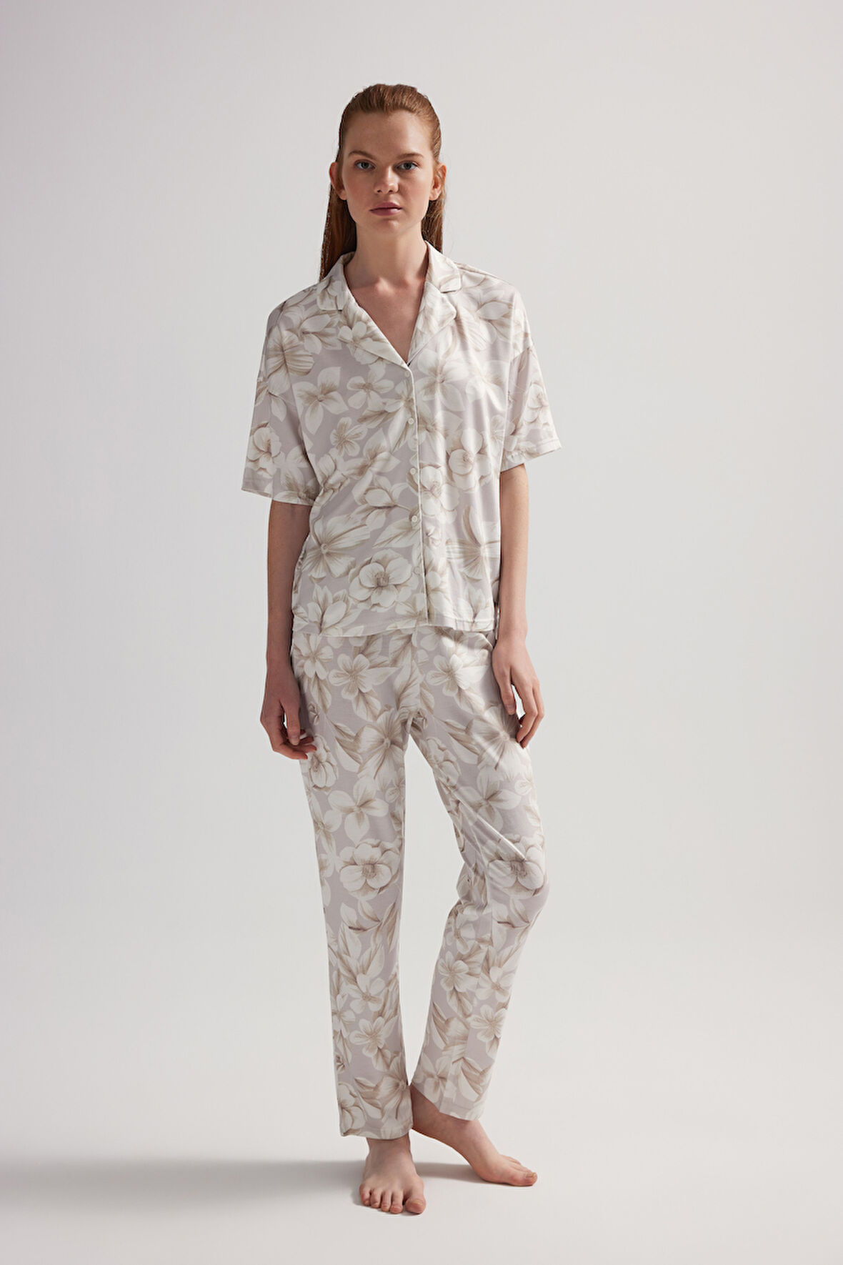 Kadın Viskon Kısa Kollu Gömlek Uzun Pijama Takımı