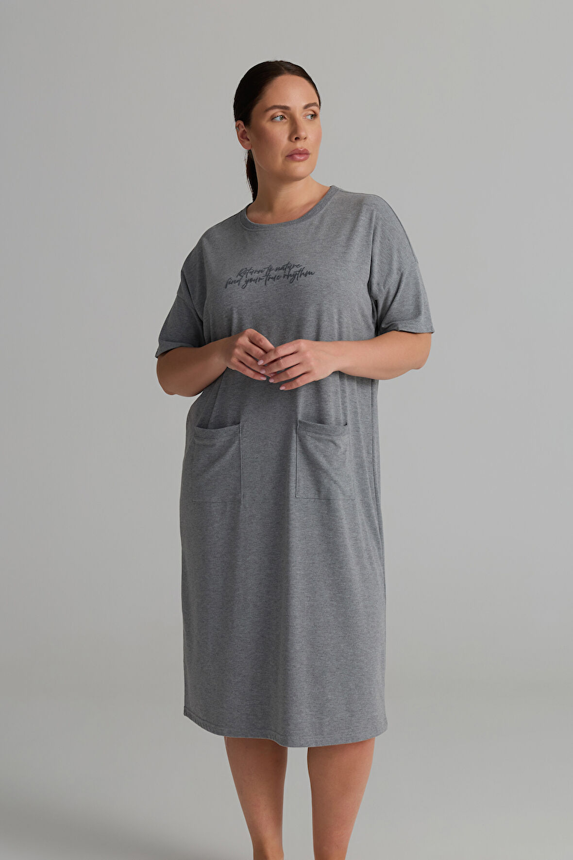 Kadın Plus Size Pamuklu Uzun Kollu Gecelik