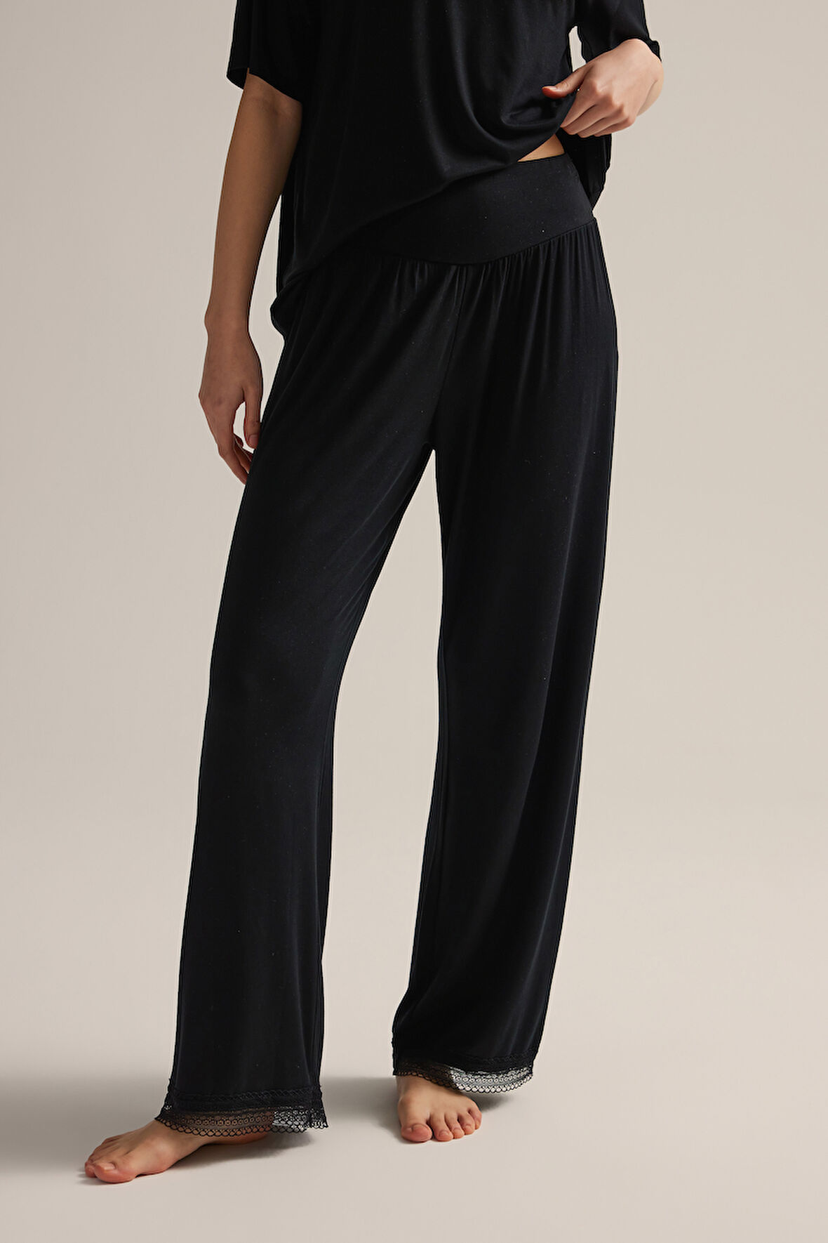 Kadın Viskon Dantel Detaylı Uzun Pijama Altı