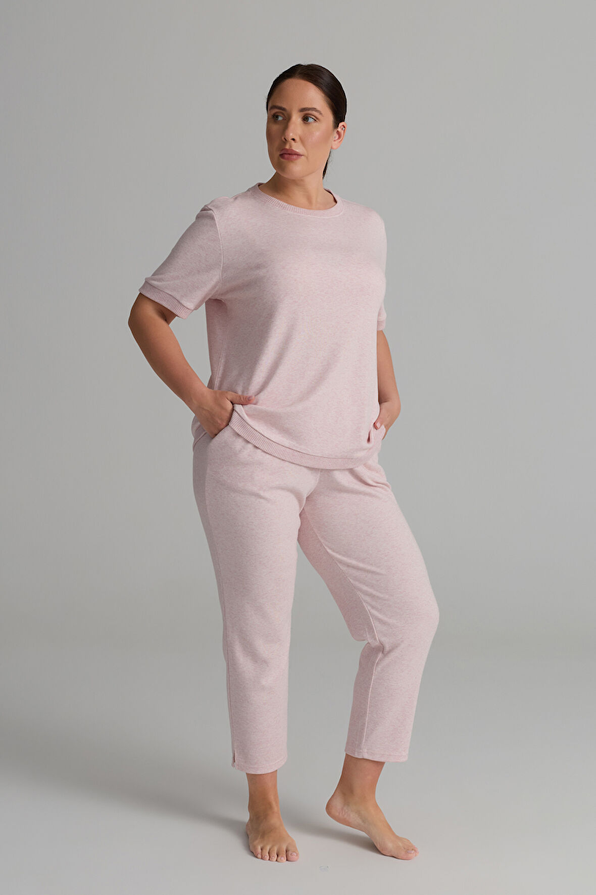 Kadın Plus Size Pamuklu Örme Kısa Kollu T-shirt Pantolon Takım