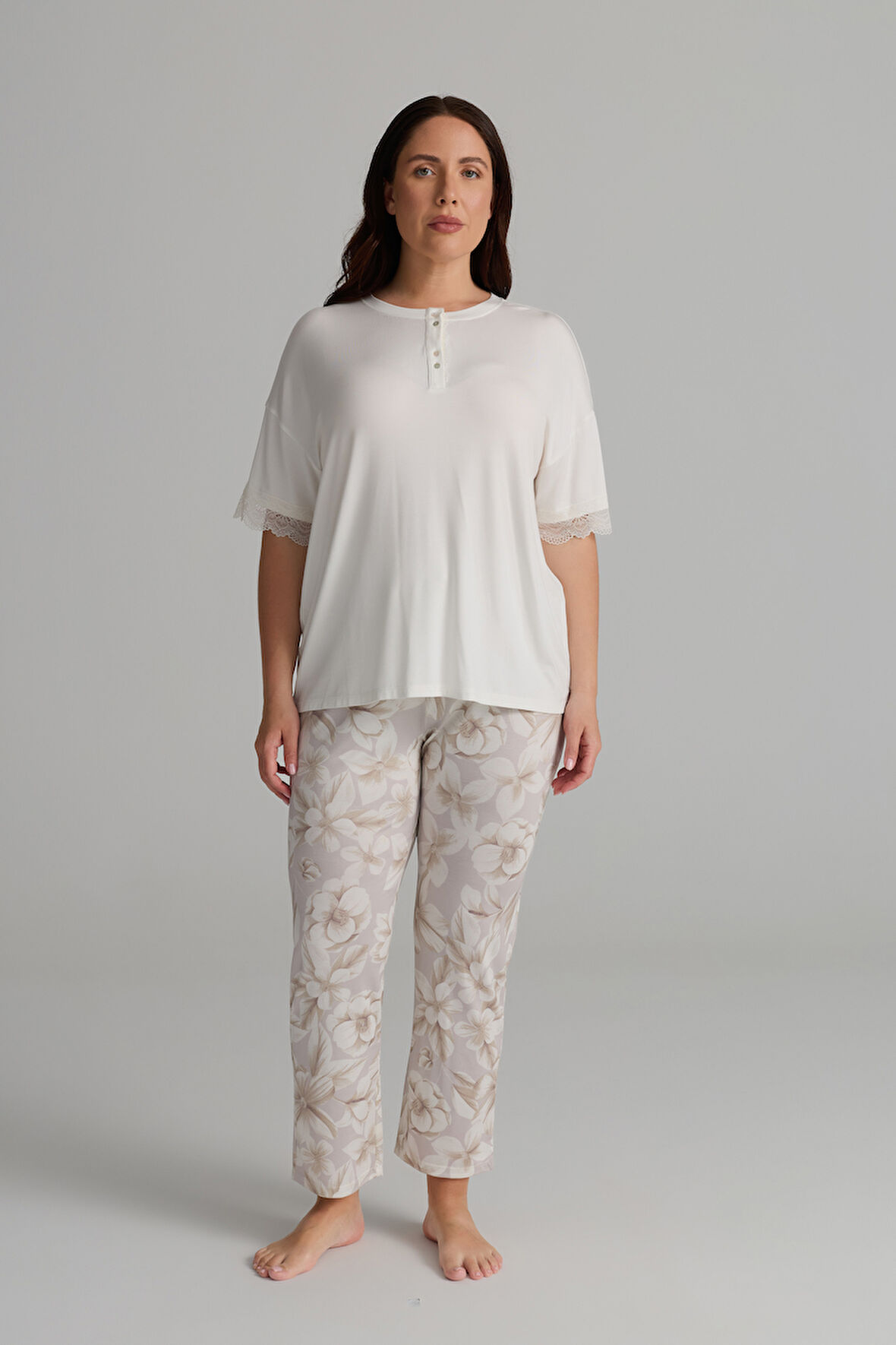 Kadın Plus Size Viskon Kısa Kollu Uzun Pijama Takımı