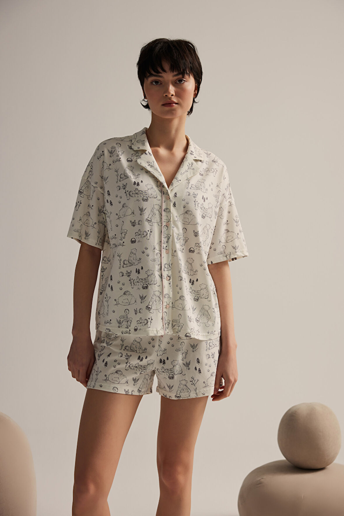 Kadın Pamuklu Kısa Kollu Gömlek Pijama Üstü