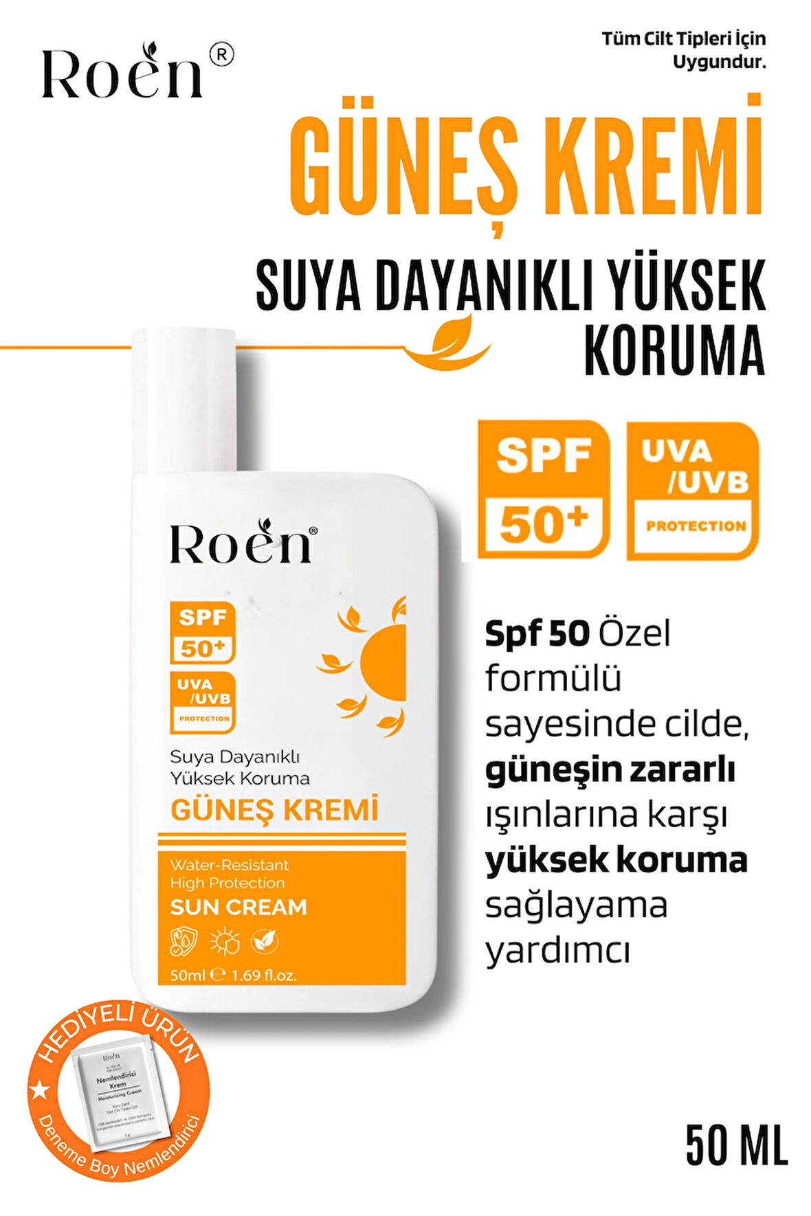 Yüksek Korumalı Güneş Kremi, Spf 50 Güneş Kremi, Nemlendirici Etkili, Suya Dayanıklı 50ml
